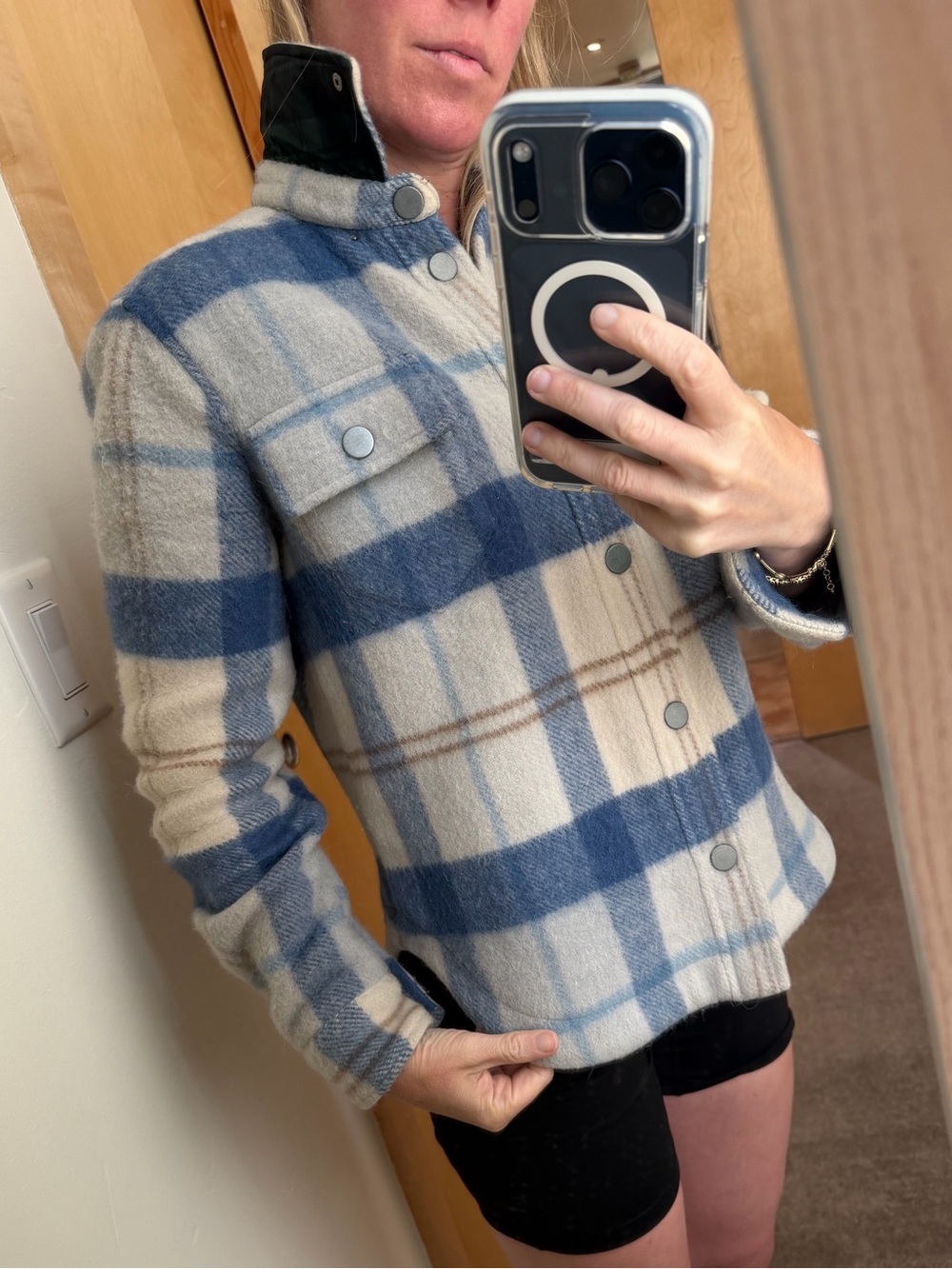 Blue and Cream Plaid Snap-Front Wool Jacket